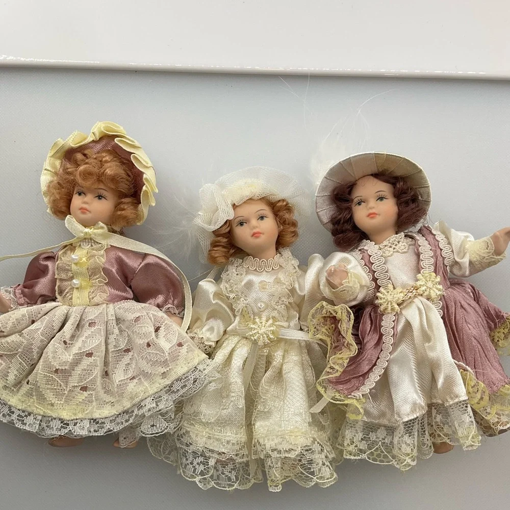 VINTAGE Porcelain Dolls (6) Two Sizes Victorian Hangable (3) Somewhat Posable